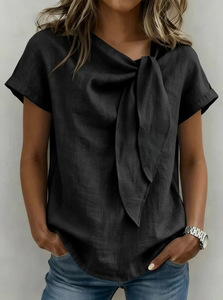 Camicie Vintage Semplici in Cotone e Lino per Donne, Camicie a Maniche Corte con <span class=keywords><strong>Colletto</strong></span> in Cotone, Collo Tondo, Tinta Unita, Bluse Casual - Product Image 6