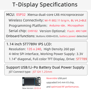Carte de développement LILYGO T-Display ESP32 avec écran IPS de 1,14 pouces, prend en charge le WiFi BLE, pour le développement Arduino/MicroPython - Product Image 6