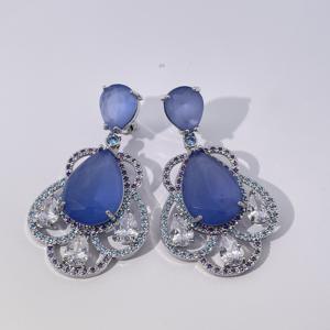 Boucles d'oreilles pendantes classiques de luxe pour femmes Tianyu Gems, plaquées or blanc, zircon bleu en forme de poire - Product Image 2