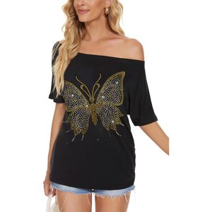 Womens Off The Shoulder <b>Top</b> Short Sleeve Asymmetric <b>Butterfly</b> Rhinestone T Shirt Black Plus Size - Product Image 2