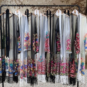 9.9 Big Sale Open Abaya Breathable Mesh With Flowers Embroidery With Tassel Bottom Modest Muslim Dubai Women Abaya No Inner 1904 - Product Image 2