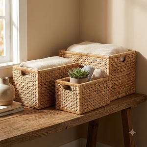 Entrega Rápida, Cestas de Almacenamiento Rectangulares Vintage Ecológicas Tejidas a Mano con Asas de Jacinto de Agua para Decoración del Hogar - Product Image 1