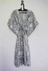 Vestido Kaftán de Algodón con Estampado Floral Hecho a Mano, Maxi Vestido Indio para Playa, Cuello en V, Secado Rápido y Transpirable, para Verano, Otoño y Primavera - Product Image 3