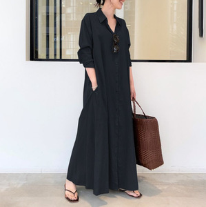 All'ingrosso stile europeo e americano cotone e <span class=keywords><strong>lino</strong></span> tinta unita a maniche lunghe <span class=keywords><strong>con</strong></span> tasca laterale ampia Casual <span class=keywords><strong>camicia</strong></span> lunga <span class=keywords><strong>abito</strong></span> - Product Image 4
