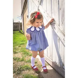 Blue micro-check Bailey Tulip Bubble Kids clothing gingham summer Sleeveless bubble romper for baby girl