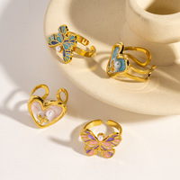 Bague ouverte en acier inoxydable style papillon cœur, tendance, avec perle coquillage incrustée et finition émail goutte d'huile, bague sous vide