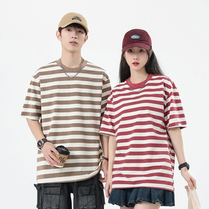 Camiseta Vintage a Rayas de Manga Corta con Cuello Redondo y Corte Holgado para Hombre, de Algodón de Color, Sin Arrugas, Estilo Veraniego, Marca Americana de Moda Sea <span class=keywords><strong>Soul</strong></span> - Product Image 1
