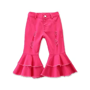 Bambino Piccolo Denim Delle Ragazze Dei Jeans Bell-Bottom Strappato Volant Chiarore Pantaloni Pantaloni per 3-8 Anni I Bambini