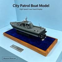 Modèle d'exposition de bateau de patrouille haute vitesse personnalisé avec coque grise, fond noir, mât radar et base en velours bleu