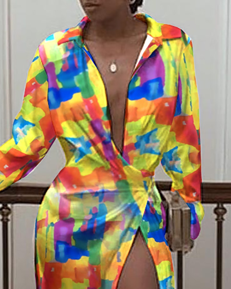 HYD6839 Autumn split mop dress shirt long sleeve printed dress for women