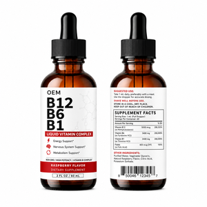Fabrication et conception d'étiquettes personnalisées de suppléments liquides de vitamine <span class=keywords><strong>B</strong></span> complexe en gouttes, saveur framboise, marque privée OEM ODM - Product Image 1