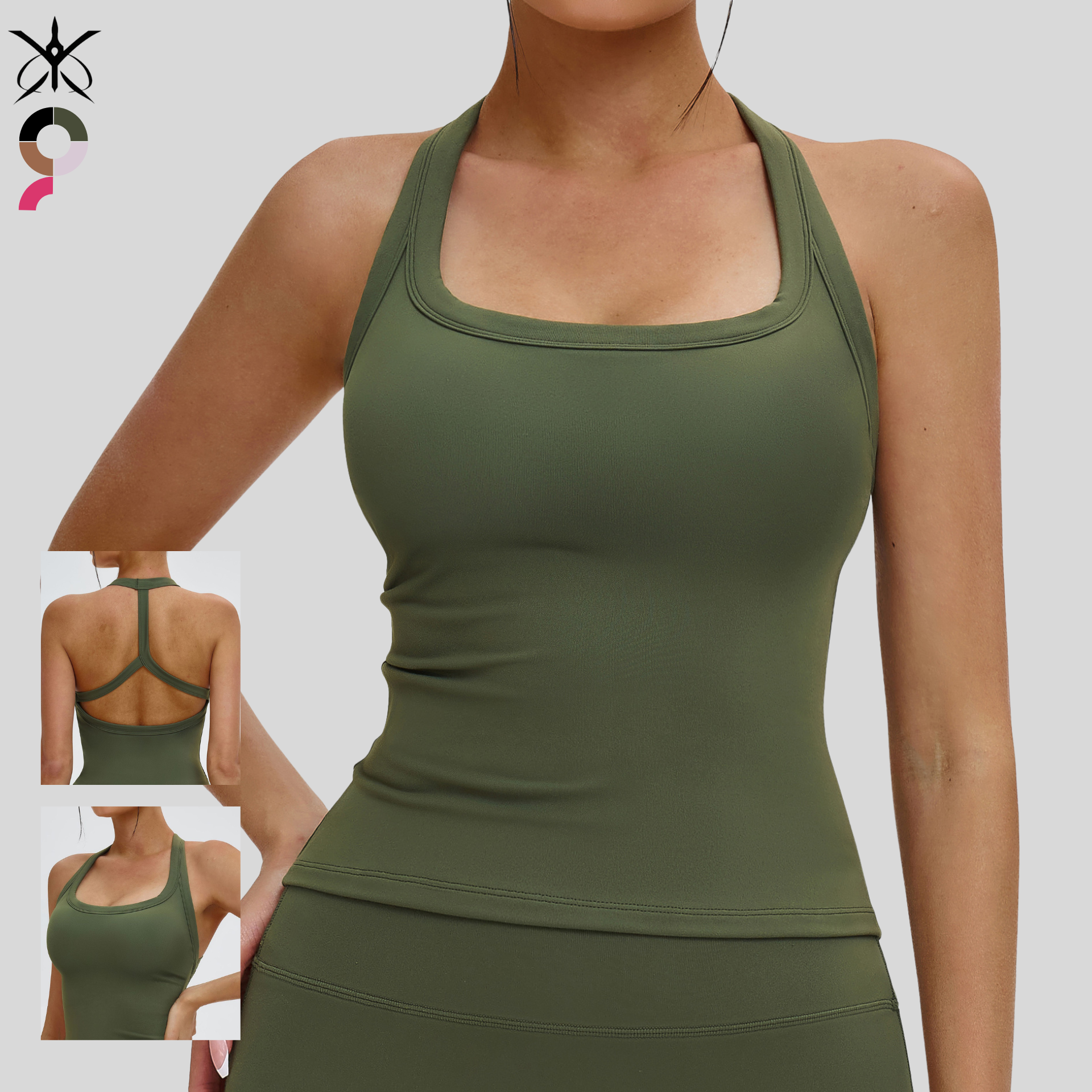 Breathable Solid-Color Nylon Yoga Tank Top Square Neck Y-Cut Backless Sports Bra Quick-Dry Front Outdoor Running Fitness Top