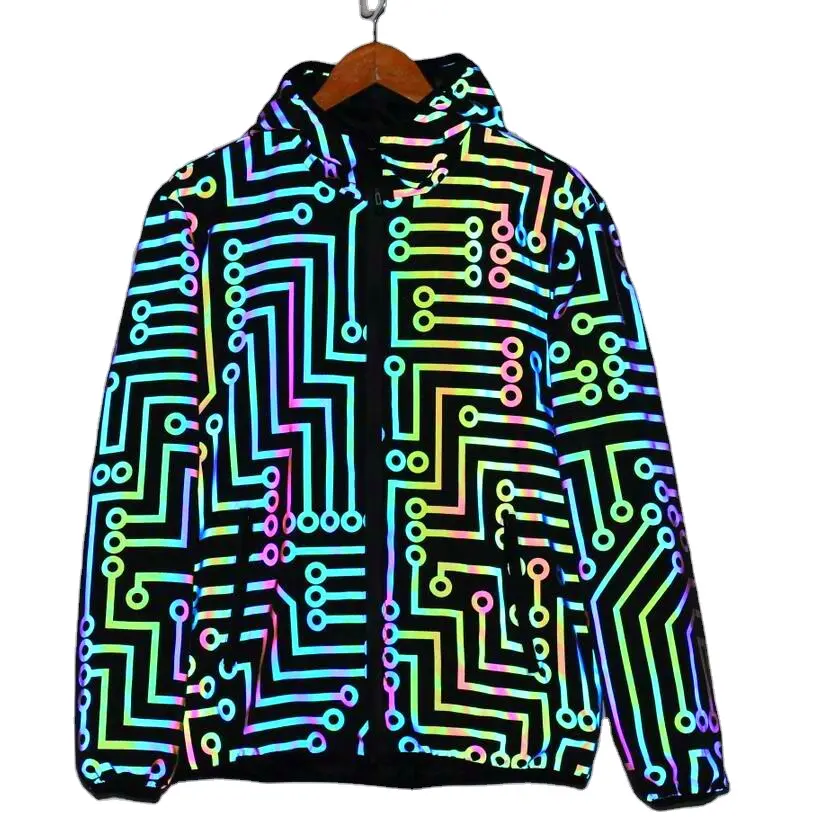 Comfortable circuit pattern jackets high vis glitter reflective casual bubble jacket coat winter down clothing for men
