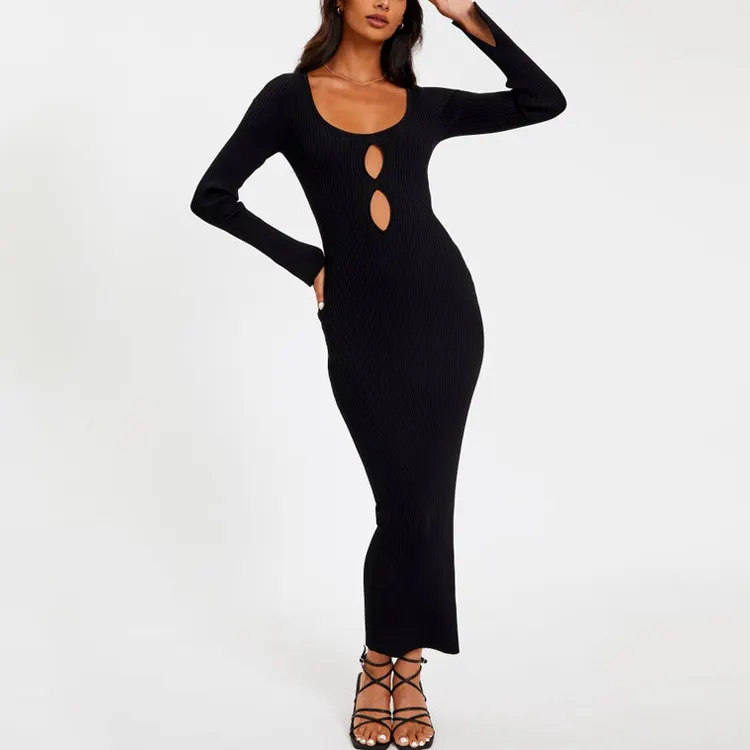 Luxury Custom Fall Winter Slim Fit Knit Gown Party Evening Prom Sexy Elegant Long Sleeve Maxi Dress For Women
