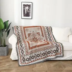 Customized 100% Recycled Cotton Bohemian Geometric Throw Rug Wholesale Jacquard Woven Tapestry Blanket