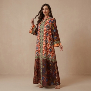 Premium Printed <b>Kaftan</b> Dress Women Four Way Stretch Hotfix Maxi <b>Long</b> Sleeve Modest Ethnic Boho Style for Resort Gathering - Product Image 1