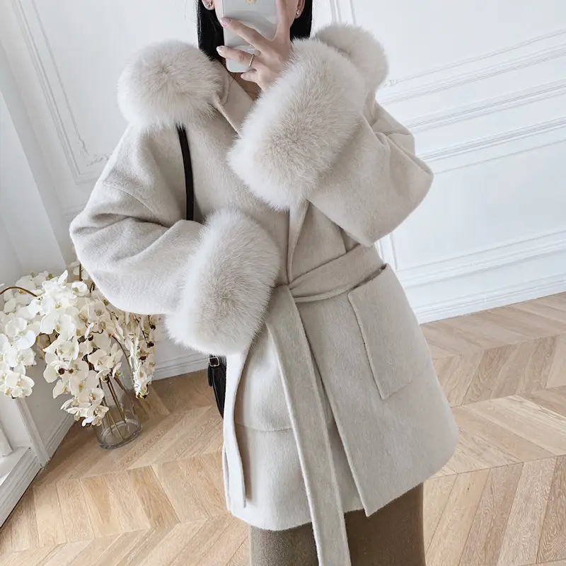 LI41 Autumn and winter women warm wool coat ladies hooded wool coat with real fox fur collar luxury wool cashmere blend coat