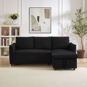 Sofá Modular Negro Tipo Chaise Longue, Convertible, con Almacenamiento, Tapizado en Corduroy, con Botones, para Sala de Estar - Product Image 5