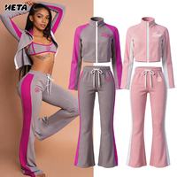 Ensemble streetwear 2 pièces pour femme, veste courte zippée à rayures colorblock et pantalon évasé à cordon de serrage, survêtement pour grande taille, logo personnalisé
