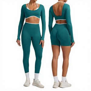 Leggings Deportivos Sólidos Transpirables Sin Costuras, Conjuntos de Compresión, Pantalones de Yoga, Conjuntos de 3 Piezas Personalizados para Mujer, Spandex/Nylon, Gimnasio - Product Image 4