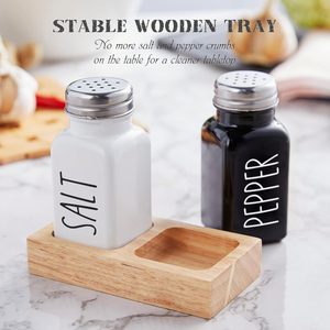Ensemble de salières et poivrières avec support, salière en <span class=keywords><strong>verre</strong></span> avec support en bois pour comptoir de cuisine ou table - Noir et blanc - Product Image 4