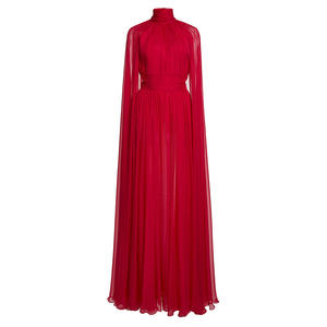 Gaun Pesta Panjang Lipit Bahan Sifon Model Terbaru 2025, Gaun Malam Kerah Bulat Warna Merah, Gaun Pesta Elegan Panjang Menyentuh Lantai - Product Image 1