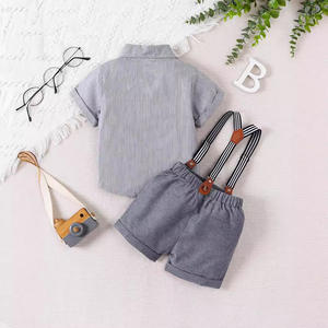 Vêtements d'été personnalisés pour bébés <span class=keywords><strong>ensemble</strong></span> de vêtements formels pour enfants avec nœud papillon chemise à rayures <span class=keywords><strong>short</strong></span> à bretelles <span class=keywords><strong>ensemble</strong></span> de vêtements pour tout-petits garçons - Product Image 5
