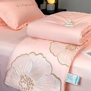 Smooth Ice Silk Summer Quilt Set European Style Skin-friendly Printing 4pcs Bedding Set Washed Silk Quilt Cover <b>Bed</b> Sheet Gift - Product Image 3