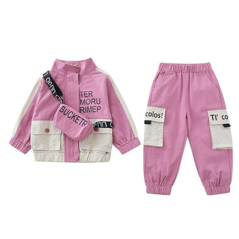 Fashion Girl Set Clothes 3 Piece Suit And Bag Contrast Color Baby Girl Clothing Sets 