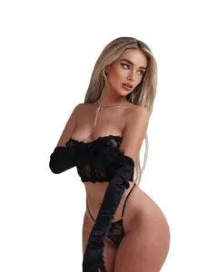 Femenina Erotica Encaje Sexi Mujer Valentinstag Schwarz bestickt Dot Tüll BH und Tanga Set Sexy Dessous