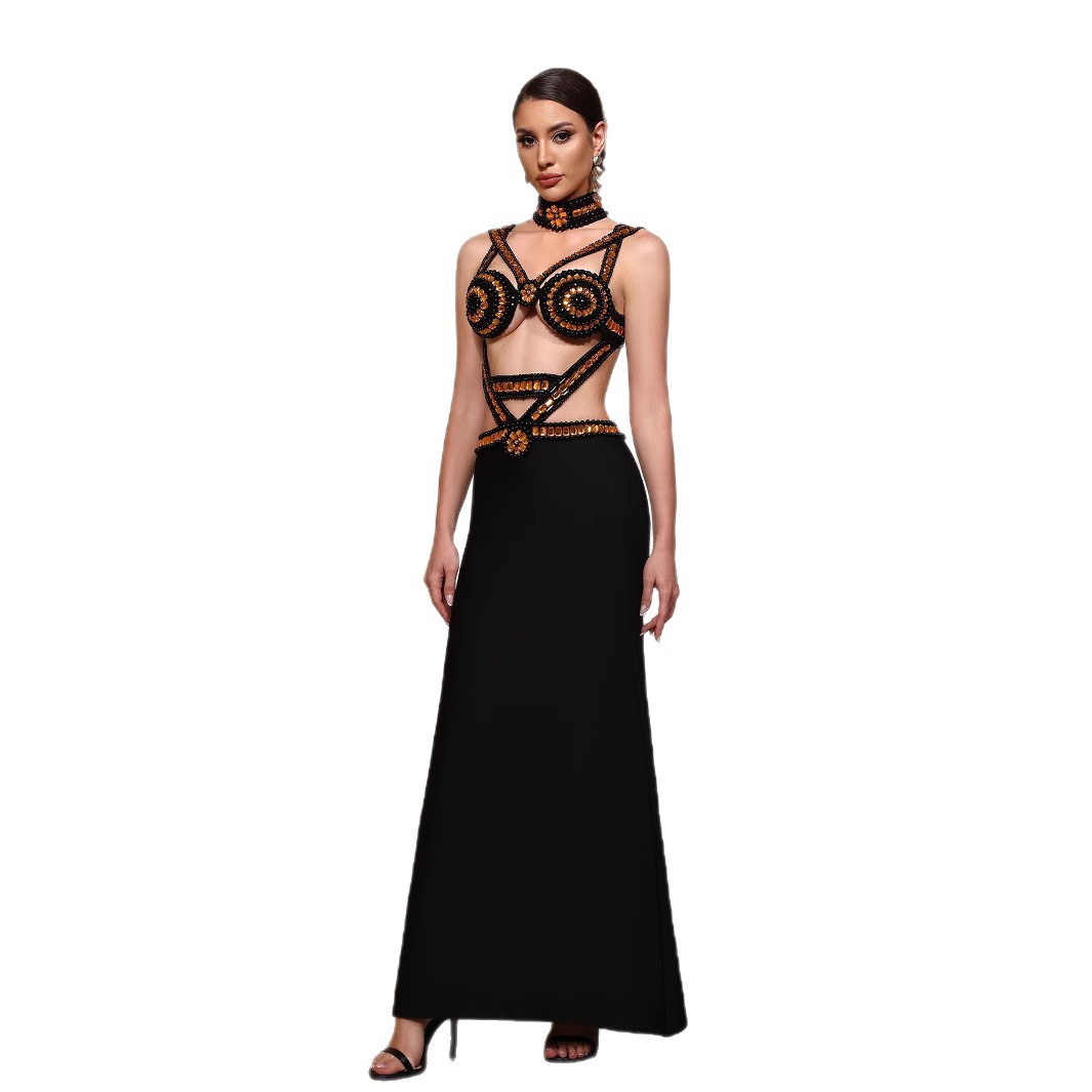 BH1475 Long Length Black Chiffon Bandage Dress with Gold Beading & Backless V-Neck for Summer Parties BH1475 Long Length Black Chiffon Bandage Dress with Gold Beading & Backless V-Neck for Summer Parties