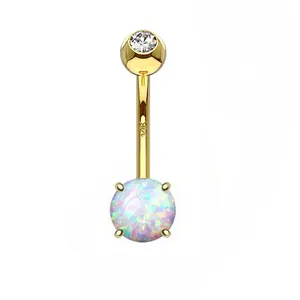 Eternal Metal 14K Solid White Gold Round Opal Belly Button Ring