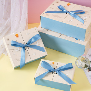 Boîte cadeau <span class=keywords><strong>licorne</strong></span> à double ouverture avec nœud en satin bleu ciel, boîte d'emballage rigide en papier imprimé dessin animé pour jouet d'enfant, cadeau d'anniversaire - Product Image 1