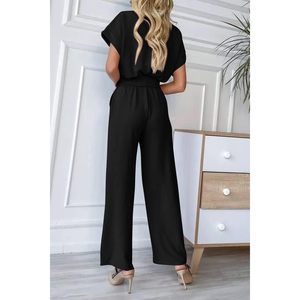 Combinaison une pièce pour femme à manches courtes, col en V croisé, jambe large, taille haute, décontractée, printemps-été, respirante, légèrement extensible - Product Image 3