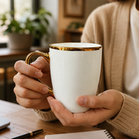 Mug en céramique blanche avec anse à bord doré 12oz 355ml Café Thé Logo personnalisé OEM Vente en gros 10.4cm Cadeaux d'affaires Hôtel Restaurant Café