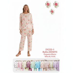 Sy222 1 Pijama de Talla Grande para Mujer, Algodón y Bambú, Estampado Floral, Corte Holgado, Conjunto de Ropa de Dormir XL XXXL, Primavera, Informal, Tejido - Product Image 1