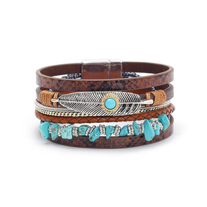Pulsera de Cuero con Plumas y Turquesa Estilo Bohemio para Mujer, Creativa, Vintage, con Cierre Magnético - Product Image 5