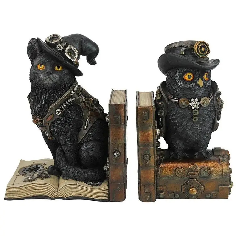 Knowledge Seekers Steampunk Cat And Owl Sculptural Bookends