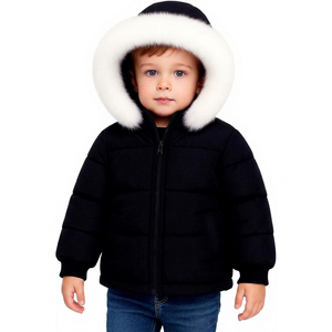 Veste matelassée noire à capuche avec garniture en fourrure blanche, fermeture éclair, coupe-vent, manteau d'hiver unisexe, couleur unie, coupe classique - Product Image 1