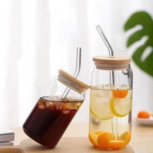 Gobelet en verre de 500 ml pour boissons froides, eau, café, lait, jus, bière, avec couvercle en bambou et paille, pour la maison et le petit-déjeuner - Product Image 1