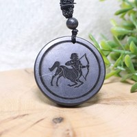 Pendentif en shungite sculpté à la main, douze constellations, plaque ronde, vintage, élégant, minimaliste, spirituel, bijou pour clavicule
