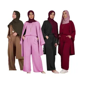 Grosir 3 Buah Set Atasan Kardigan Celana Muslim Abaya Dubai Baju Islami Setelan Kasual