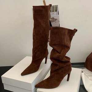 Botas de mujer hasta la rodilla con forro de malla sólida, tacones finos, punta puntiaguda, para invierno, sin cordones - Product Image 3