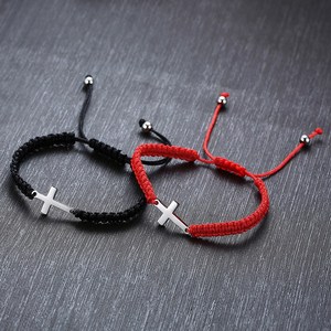Trendy Christian Prayer Woven Braided Bracelet in Red & Black Stainless Steel with Pearl Knitted Cross Polyester <b>String</b> & Rope - Product Image 1