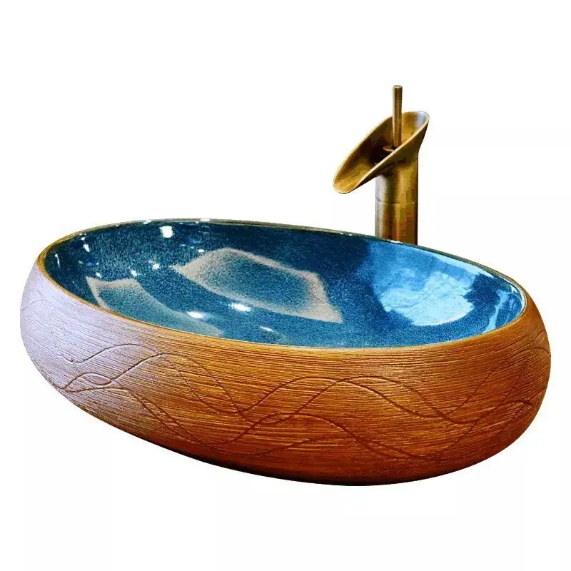 Ovale vorm blauwe kleur jingdezhen keramische kunst wastafel
