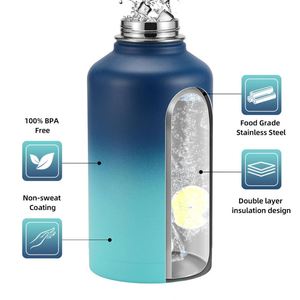 Grande bouteille d'eau isotherme en acier inoxydable de 2L (64oz/128oz) avec couvercles à bec verseur et poignée – Performance thermique 12-24h - Product Image 3