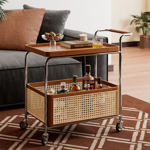 Solid Wood Storage Cart With Rattan Shelf Stainless Steel Frame Living Room <b>Bar</b> Cart - Product Image 1