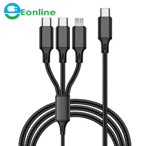 Нейлоновый USB-кабель EONLINE типа C, 3 в 1, PD, кабель для быстрой зарядки 3A, USB-кабель для быстрой зарядки телефонов Xiaomi Redmi 10, Huawei