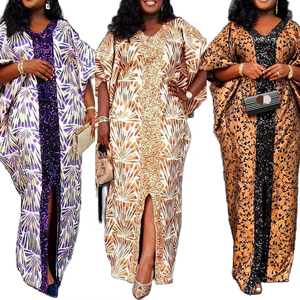Robes pour femmes Dashiki africaines populaires et élégantes à col en V, imprimées, en polyester satiné, avec fente et sequins - Product Image 1