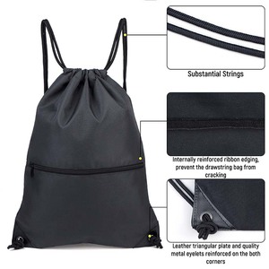 Factory Custom Logo Black <b>Drawstring</b> Backpack <b>Bag</b> Sport Gym Draw String <b>Bag</b> with Zipper Pocket - Product Image 3